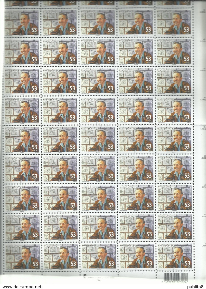 PORTUGAL PORTOGALLO 2001 WALT DISNEY FOGLIO INTERO WHOLE SHEET OF 50 STAMPS WITH BARCODE MNH - Ganze Bögen