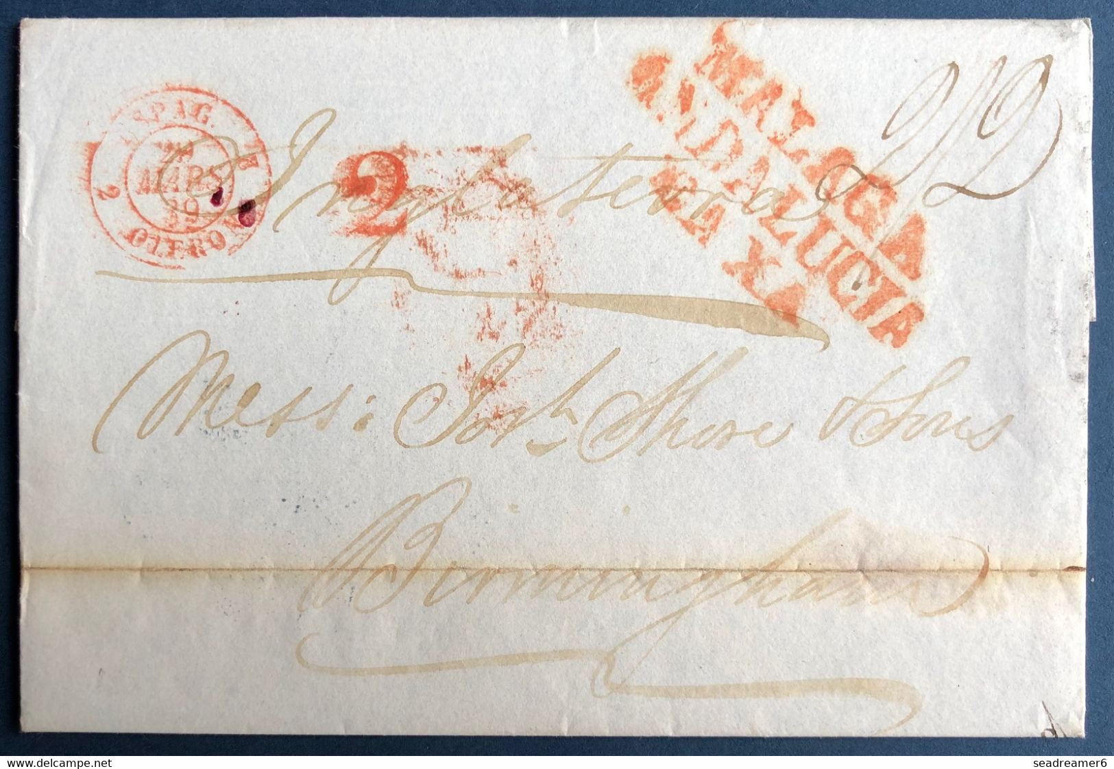 ESPAGNE Lettre 13/03 1839 De MALAGA Griffe Rouge " MALAGA ANDALUCIA BAJA " Pour Angleterre + Dateur D'entrée FRANCE SUP - ...-1850 Prefilatelia