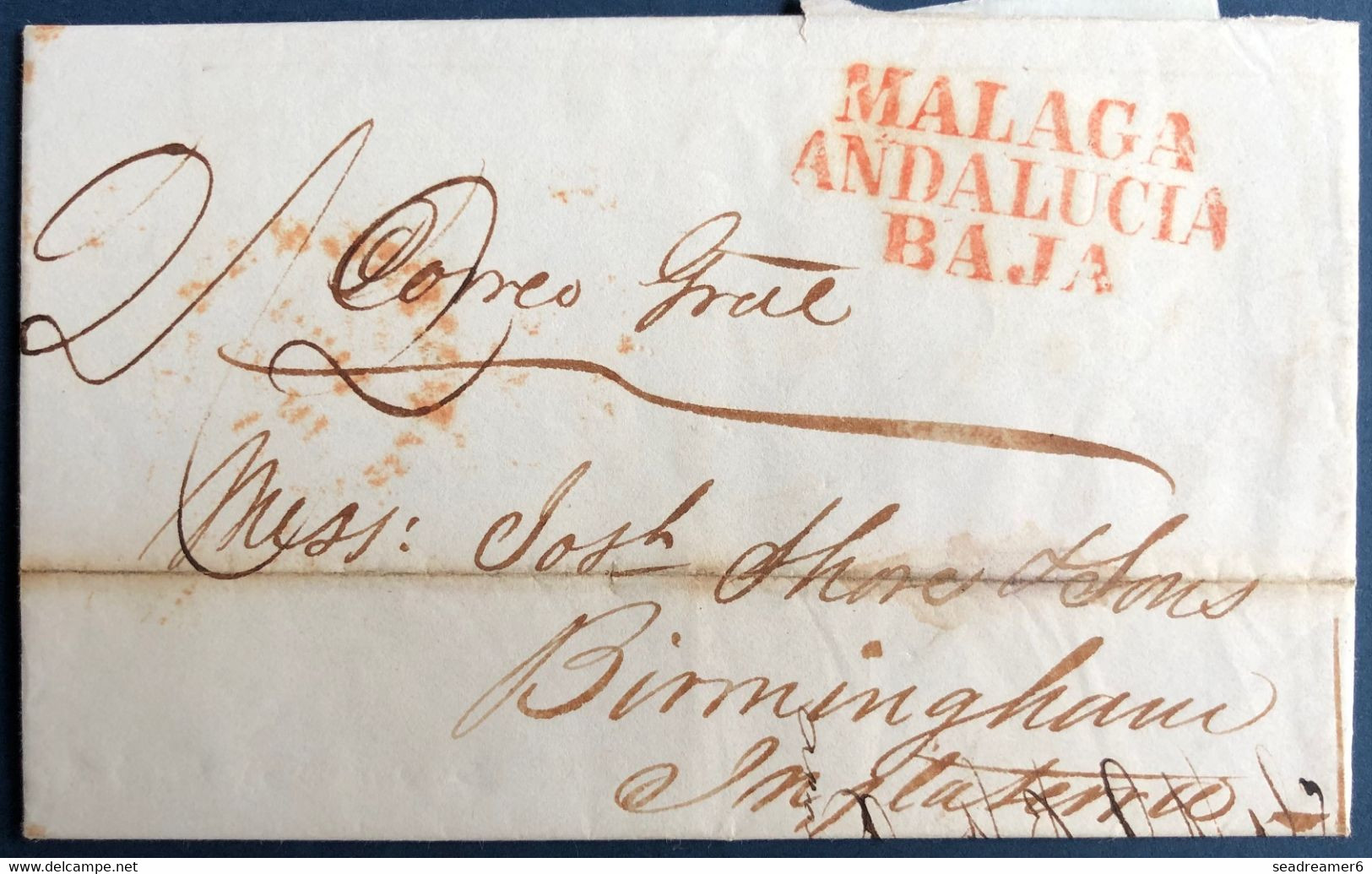 ESPAGNE Lettre 01/08 1840 MALAGA Griffe Rouge " MALAGA ANDALUCIA BAJA " Pour Angleterre + Cursive CADIZ + Cheque 200 £ - ...-1850 Préphilatélie