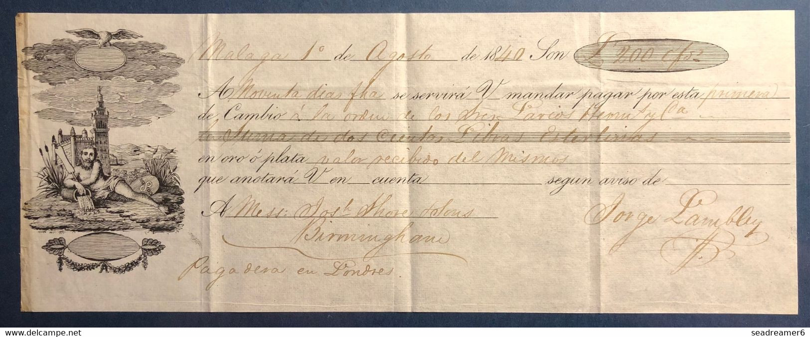 ESPAGNE Lettre 01/08 1840 MALAGA Griffe Rouge " MALAGA ANDALUCIA BAJA " Pour Angleterre + Cursive CADIZ + Cheque 200 £ - ...-1850 Voorfilatelie