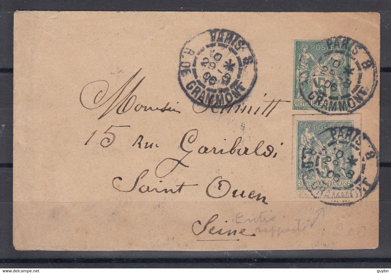 < Découpe D'entier 5c Sur Enveloppe Entier 5c R De Gramont  Paris 8 ..20 8 96 Papier Et Traces Charnière Verso Voir Scan - Covers & Documents