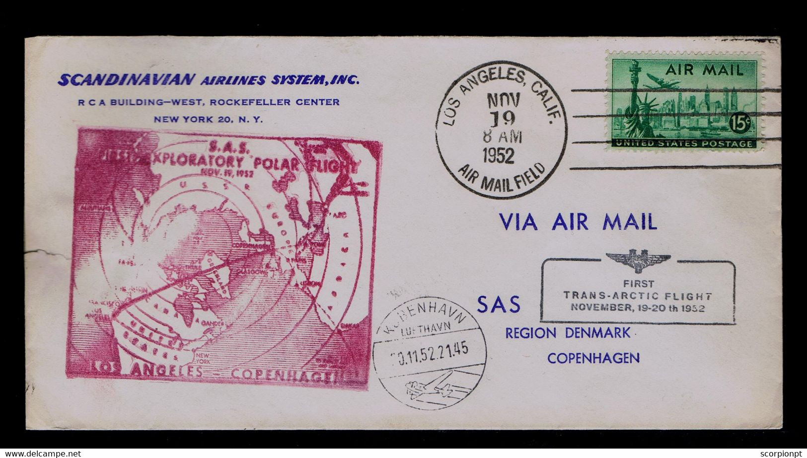 Sp8448 USA SAS 1st Trans-Artic Exploratory Polar Flight LOS ANGELES - COPENHAGEN 1952 - Vols Polaires