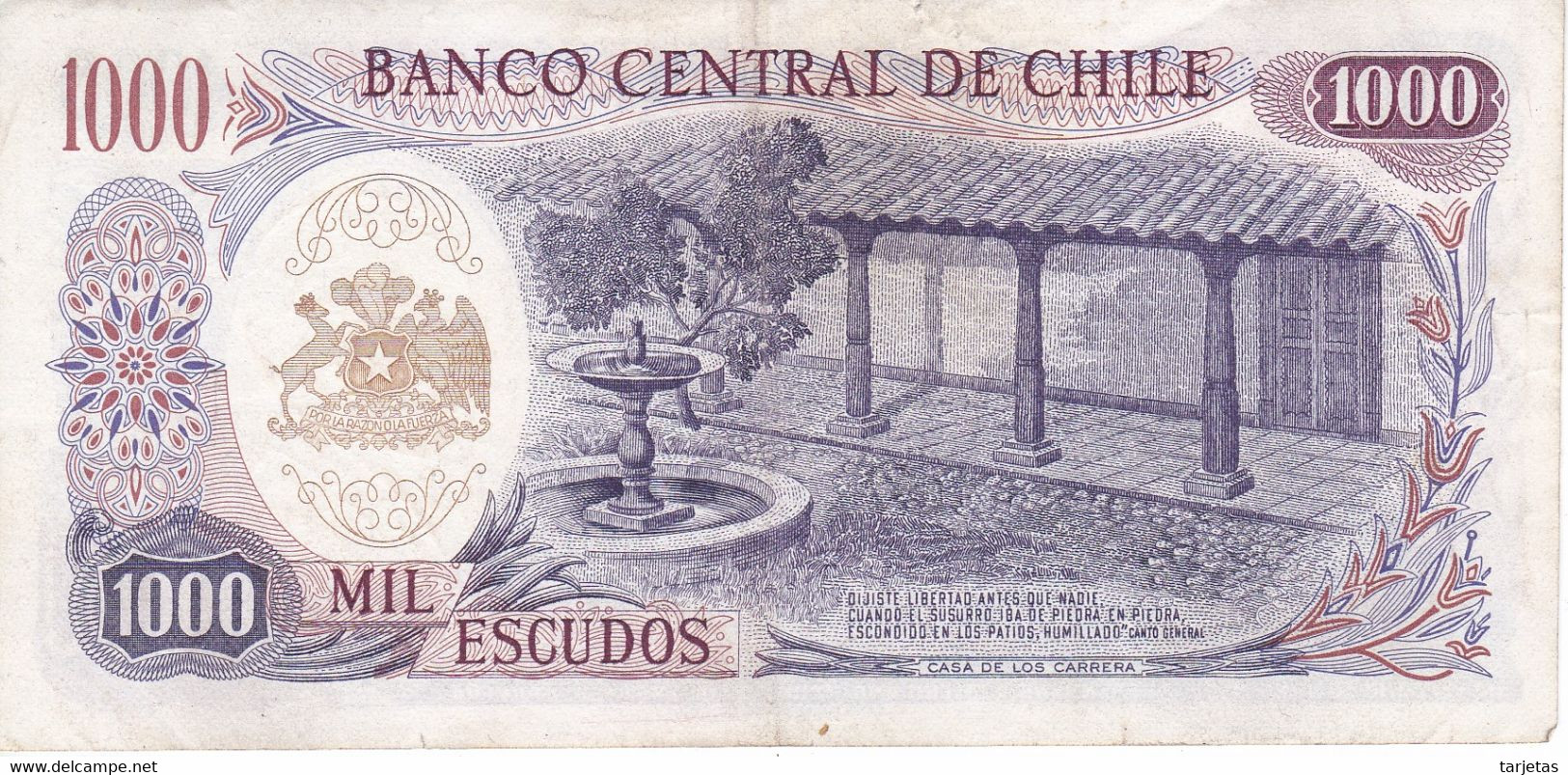 BILLETE DE CHILE DE 1000 PESOS DE LOS AÑOS 1967 A 1976  (BANK NOTE) - Chile