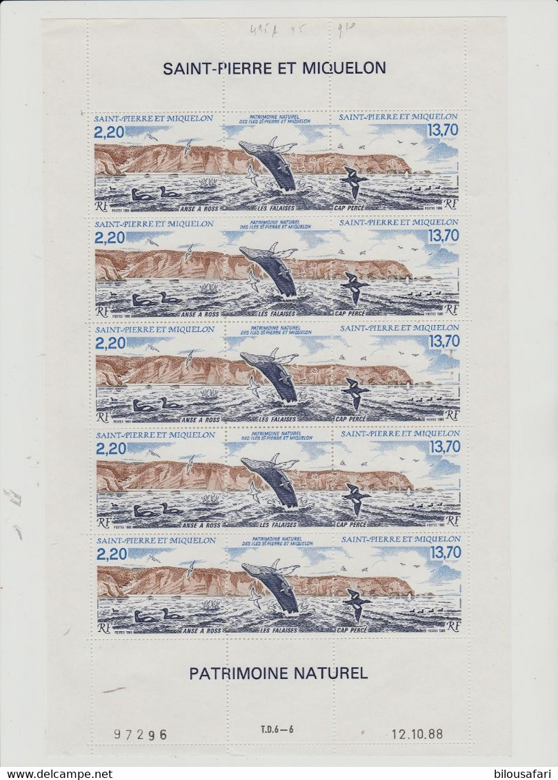 SAINT PIERRE ET MIQUELON //PATRIMOINE NATUREL Planche Du N°495A Côte ** 46,00€ DATEE 12/10/88 - Andere & Zonder Classificatie