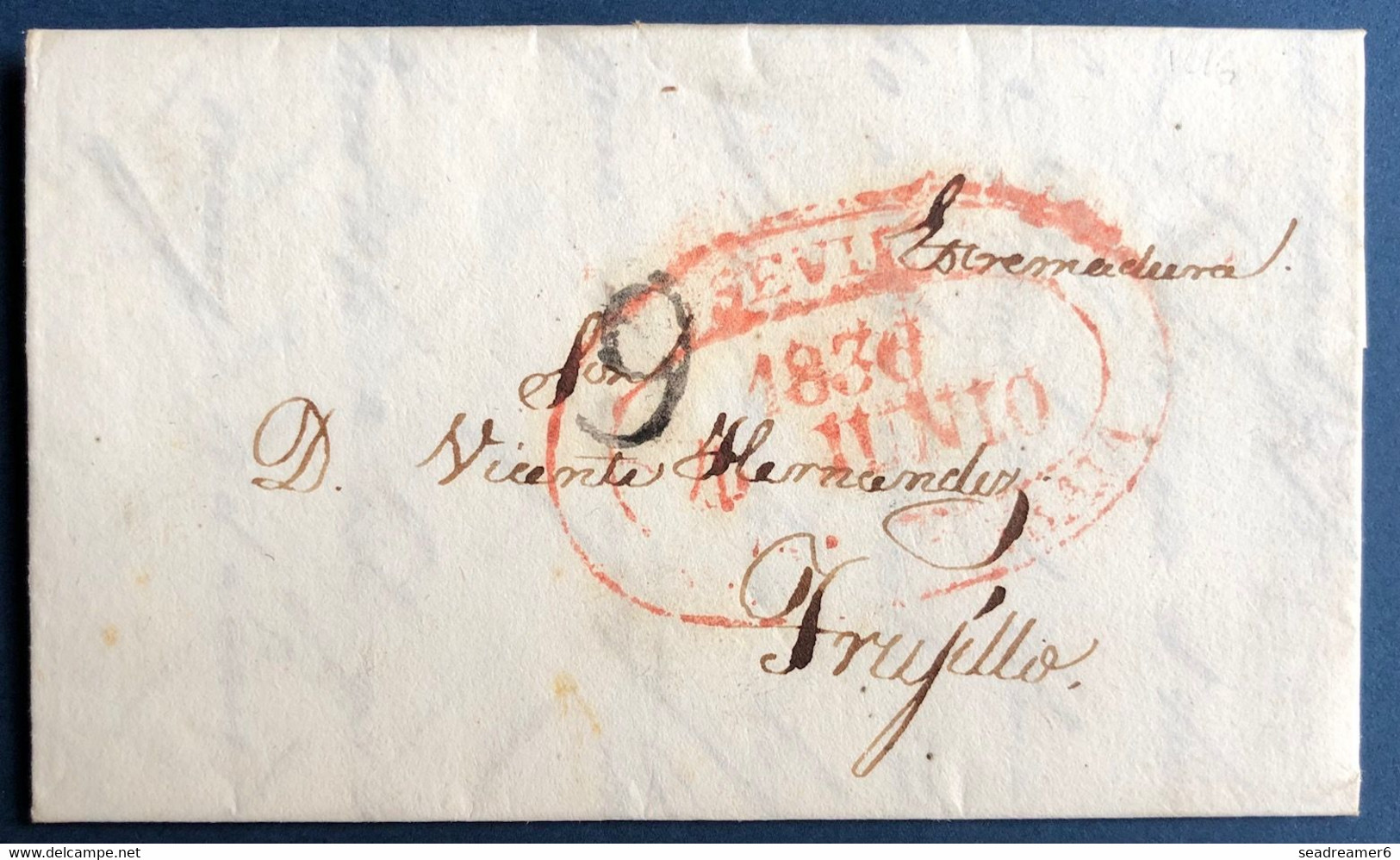 ESPAGNE Lettre 04 Juin 1836 De SEVILLA Grande Griffe Rouge " SEVILLA / ANDALUCIABAJA " Pour TRUJILLO + Taxe 9 Reals TTB - ...-1850 Prefilatelia