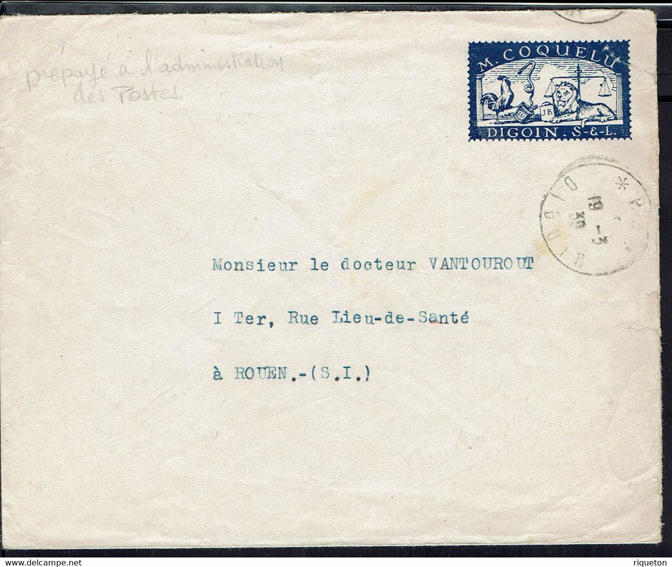 Fr - Enveloppe Prépayée à L'Administration Des Postes - Digoin Du 19-3-1939 à Destination De Rouen - - Enteros Privados