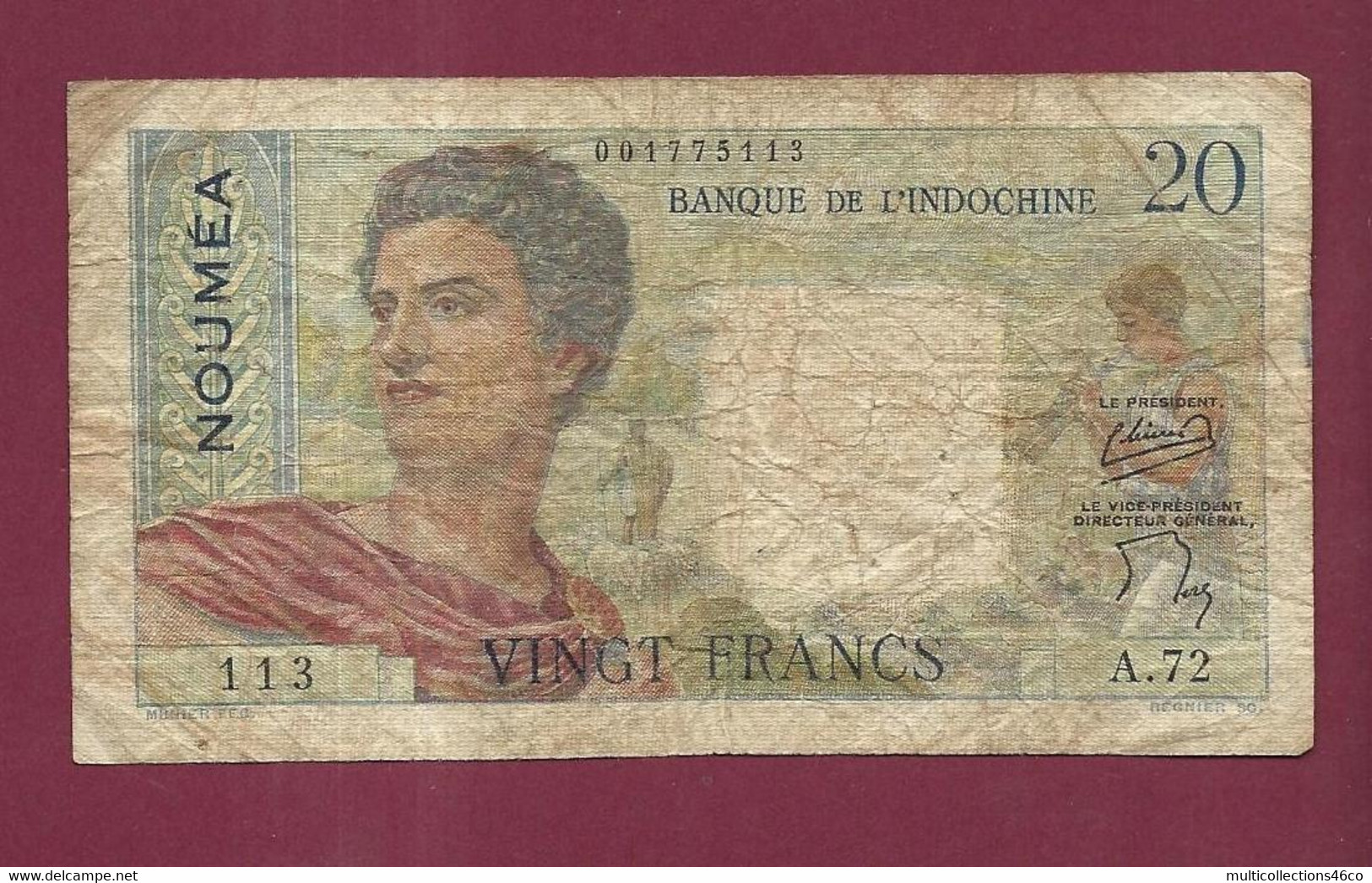 130222 - Billet BANQUE DE L'INDOCHINE NOUMEA Vingt 20 Francs - Plis Taches Petits Trous - Nouvelle-Calédonie 1873-1985