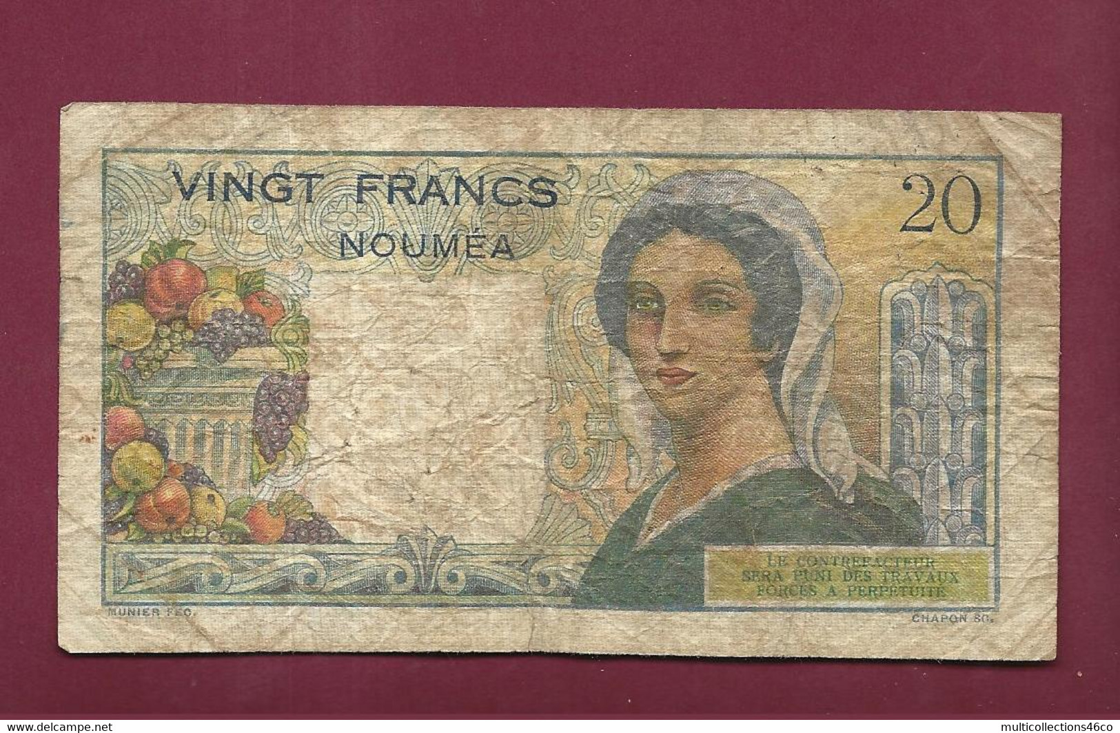 130222 - Billet BANQUE DE L'INDOCHINE NOUMEA Vingt 20 Francs - Plis Taches Petits Trous - Numea (Nueva Caledonia 1873-1985)