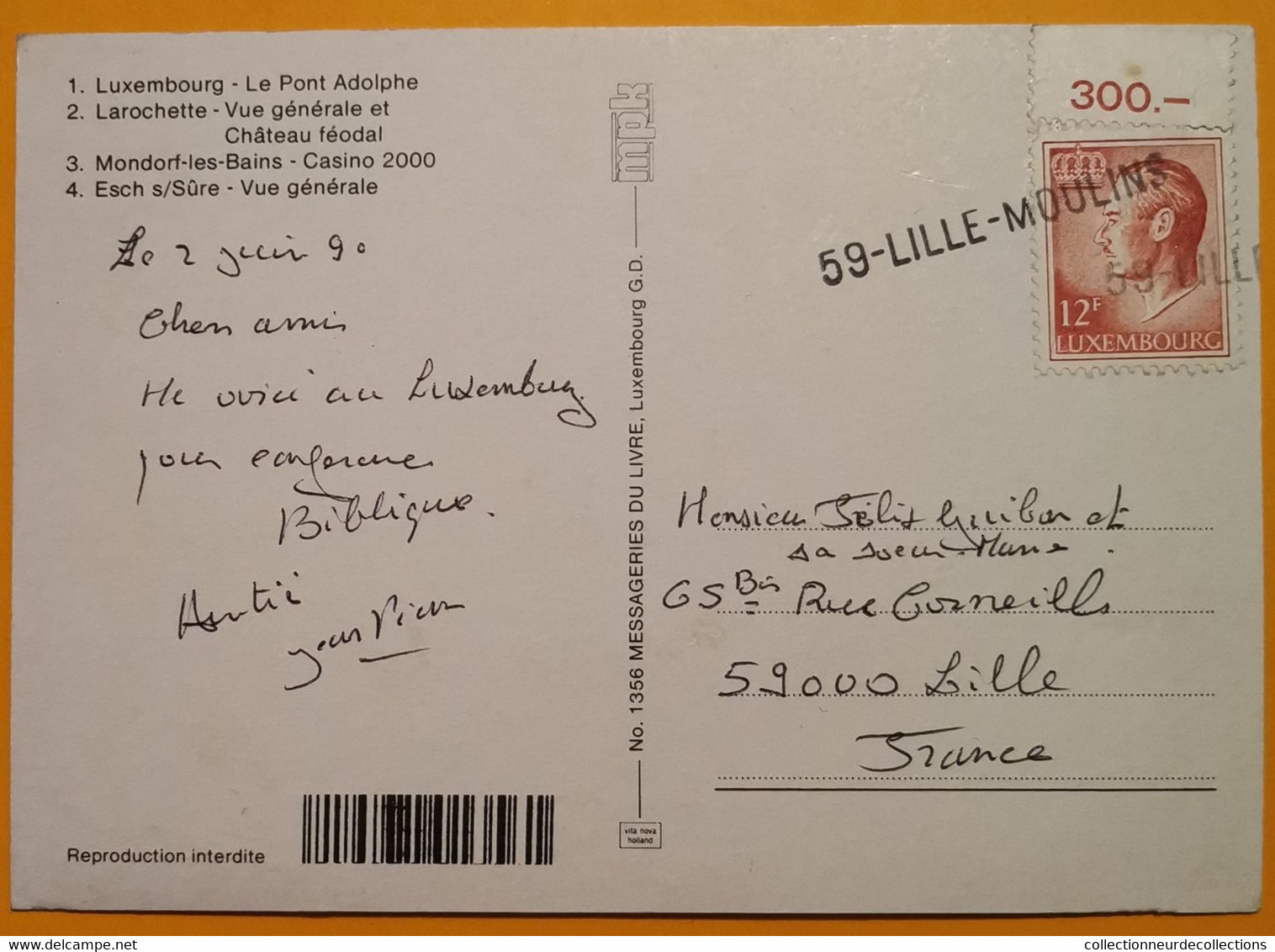 Superbe GRIFFE Linéaire 59-LILLE-MOULINS De 1990 Sur Cpm Luxembourg > France - Lettres & Documents