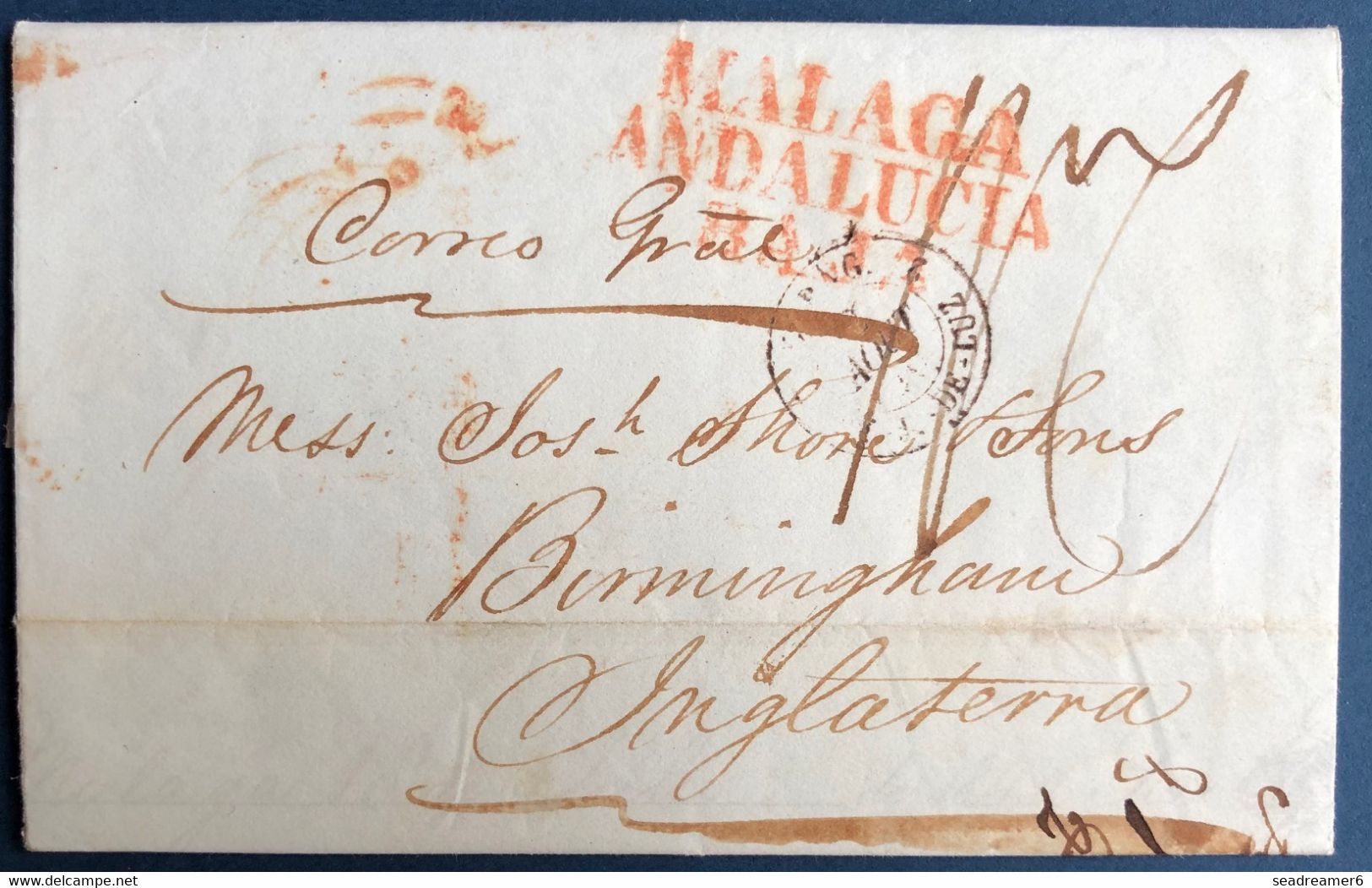 ESPAGNE Lettre 22/07 1840 De MALAGA Griffe Rouge " MALAGA ANDALUCIA BAJA " Pour Angleterre + Dateur D'entrée FRANCE SUP - ...-1850 Prefilatelia