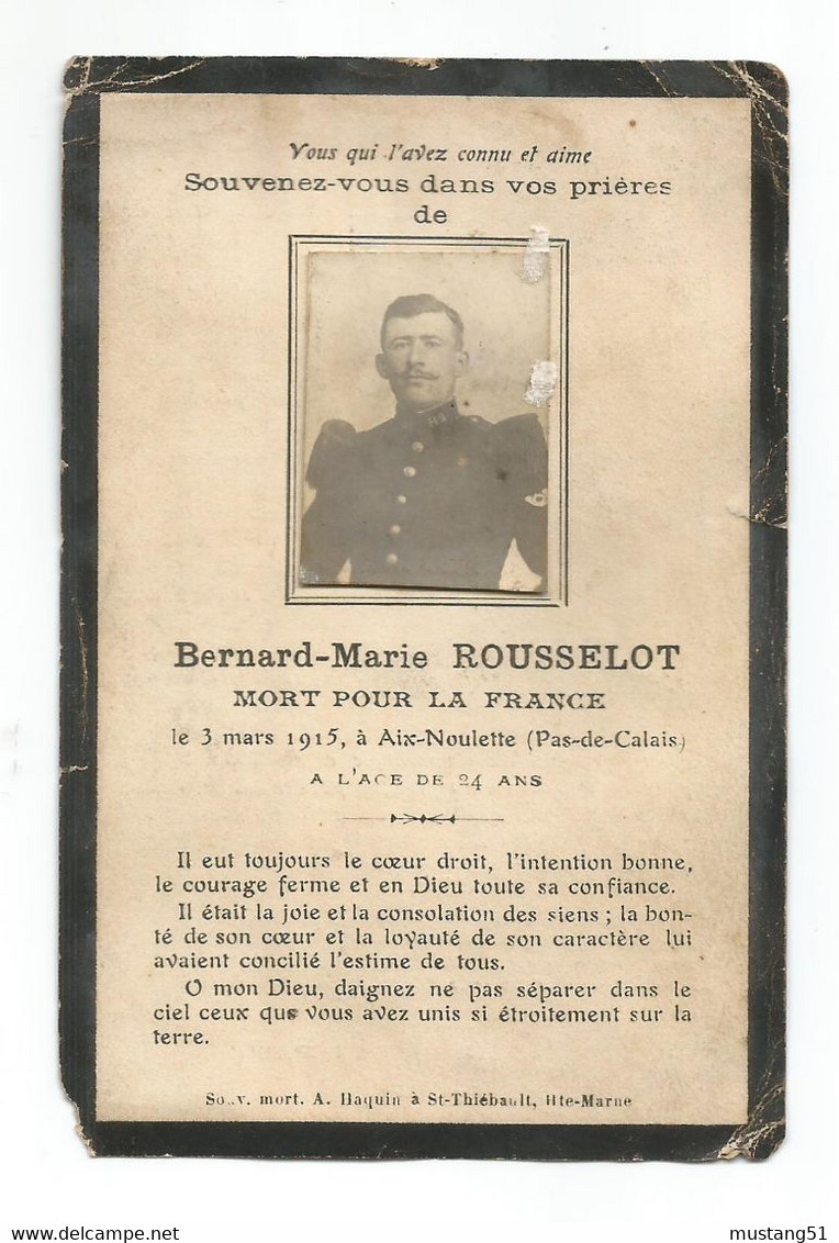 Faire Part Décès Bernard Rousselot Montesson Soldat Au 149e D'infanterie Tombé A Aix-Noulette 1915 - Devotieprenten