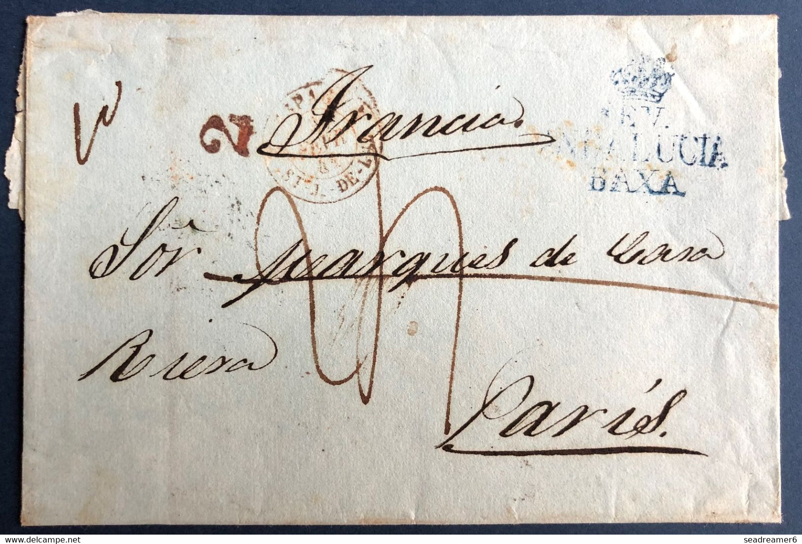 ESPAGNE Lettre 1837 De SEVILLA Griffe Bleue Couronnée" SEV ANDALUCIA BAXA " Pour PARIS + Au Dos RR Cachet De Service !! - ...-1850 Voorfilatelie