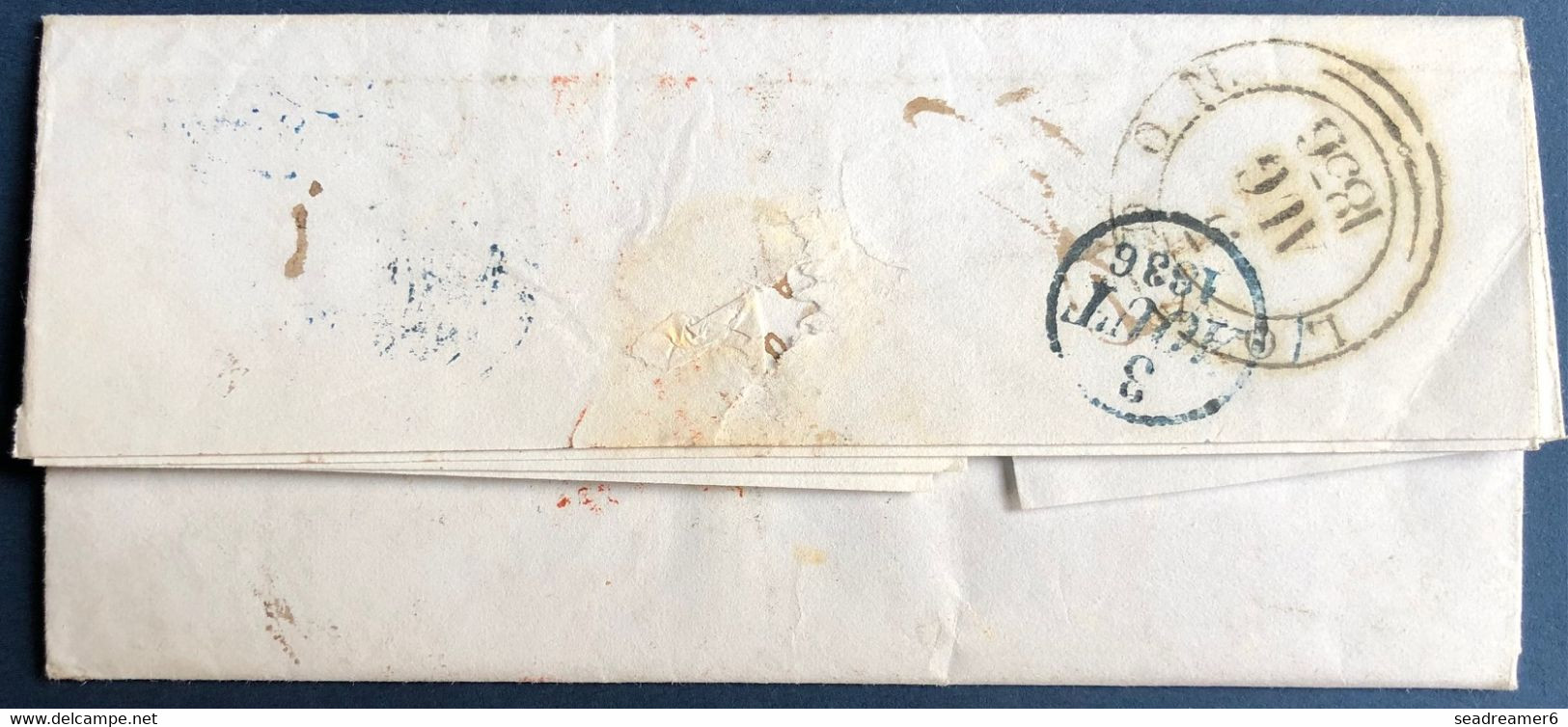 ESPAGNE Lettre De CADIZ Dateur BLEU De 1836 Pour PARIS + ESPAGNE PAR OLERON + Arrivée Au Verso + REEXPEDIEE LONDRES RR - ...-1850 Voorfilatelie