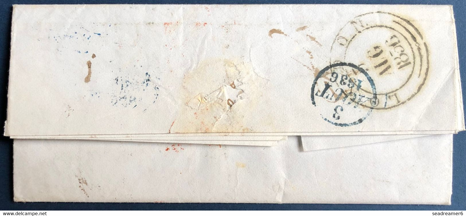 ESPAGNE Lettre De CADIZ Dateur BLEU De 1836 Pour PARIS + ESPAGNE PAR OLERON + Arrivée Au Verso + REEXPEDIEE LONDRES RR - ...-1850 Préphilatélie