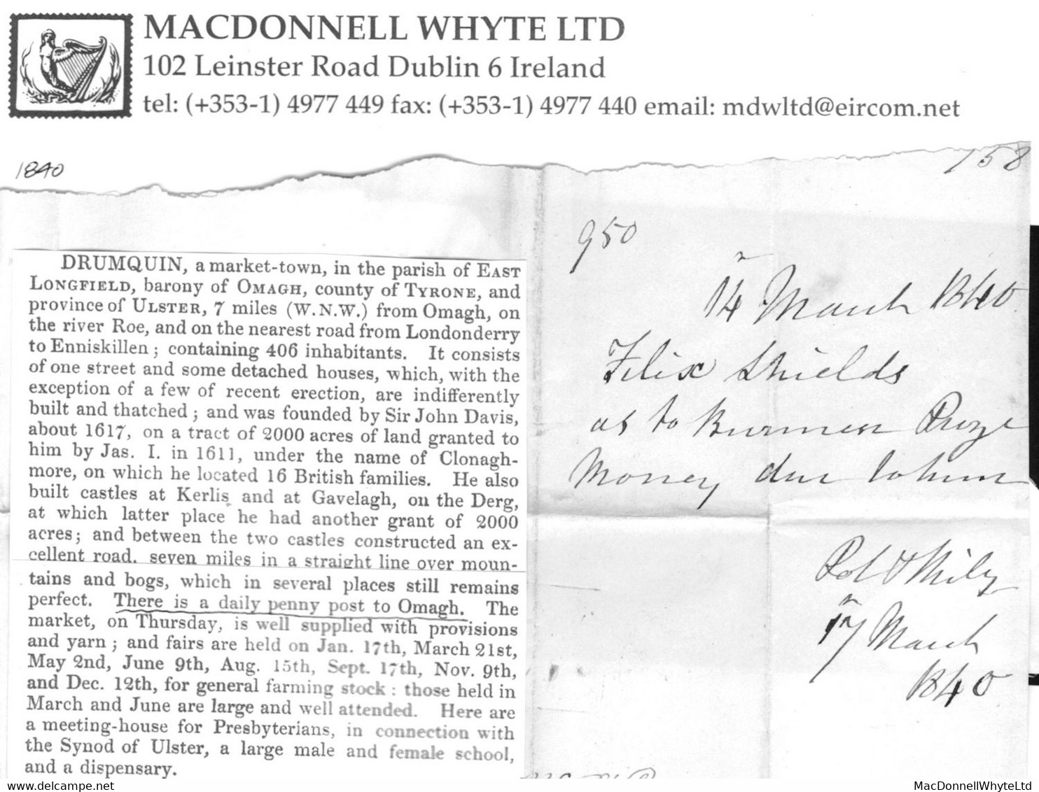 Ireland Tyrone Military 1840 framed fancy "No3" Receiving House ofDrumquin and black italic "Omagh/Penny Post" to London