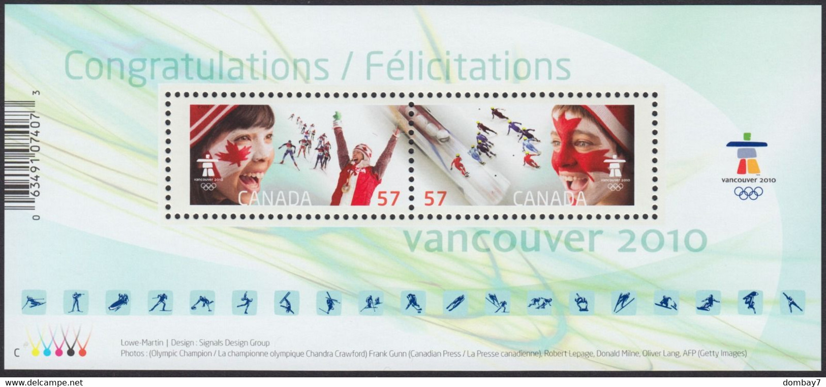 Qt. VANCOUVER OLYMPIC WINTER GAMES = CROSS-COUNTRY SKIING, BOBSLEIGH Souvenir Sheet Of 2 Stamps Canada 2010 #2373 - Hiver 2010: Vancouver