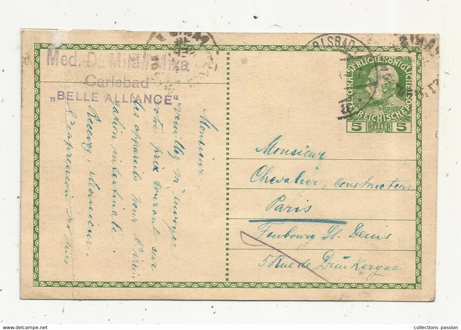 Entier Postal Sur Carte Postale , TCHEQUIE / AUTRICHE , CARLSBAD , 1913 , BELLE ALLIANCE , 5 Heller,  3 Scans - Frankeermachines (EMA)