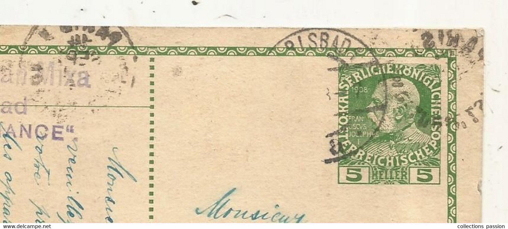 Entier Postal Sur Carte Postale , TCHEQUIE / AUTRICHE , CARLSBAD , 1913 , BELLE ALLIANCE , 5 Heller,  3 Scans - Frankeermachines (EMA)