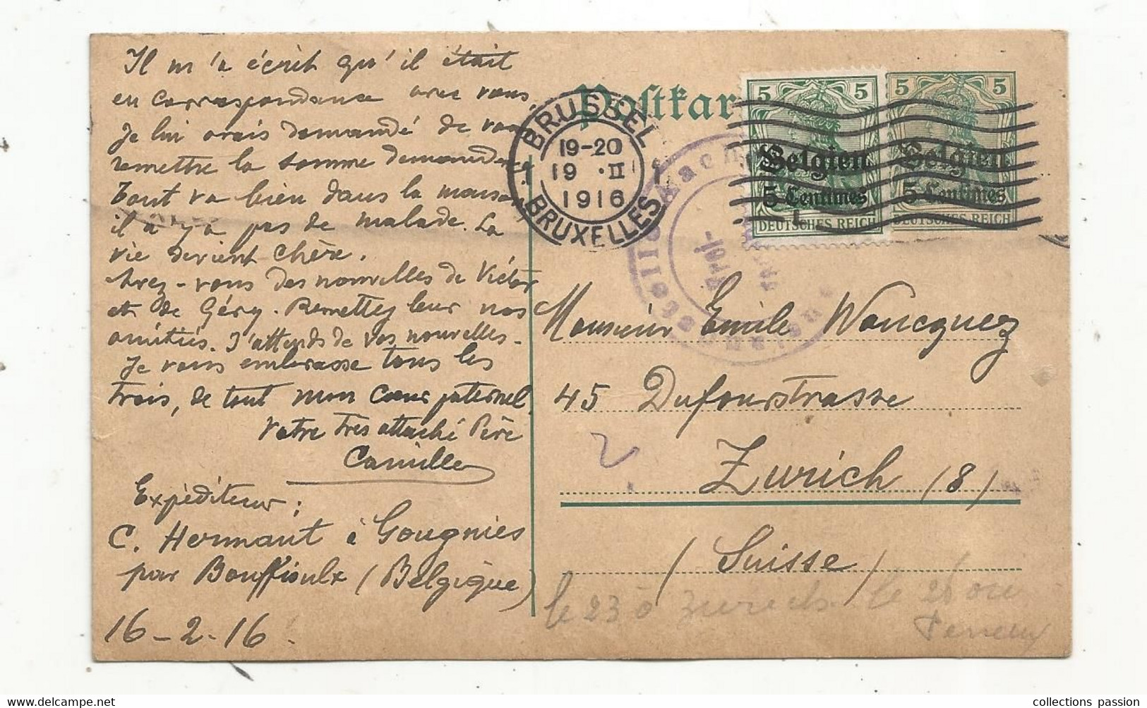 Entier Postal Sur Carte Postale , BELGIQUE , BELGIEN 5 Centimes , Deutsches Reich , BRUSSEL, BRUXELLES , 1916,  2 Scans - Otros & Sin Clasificación