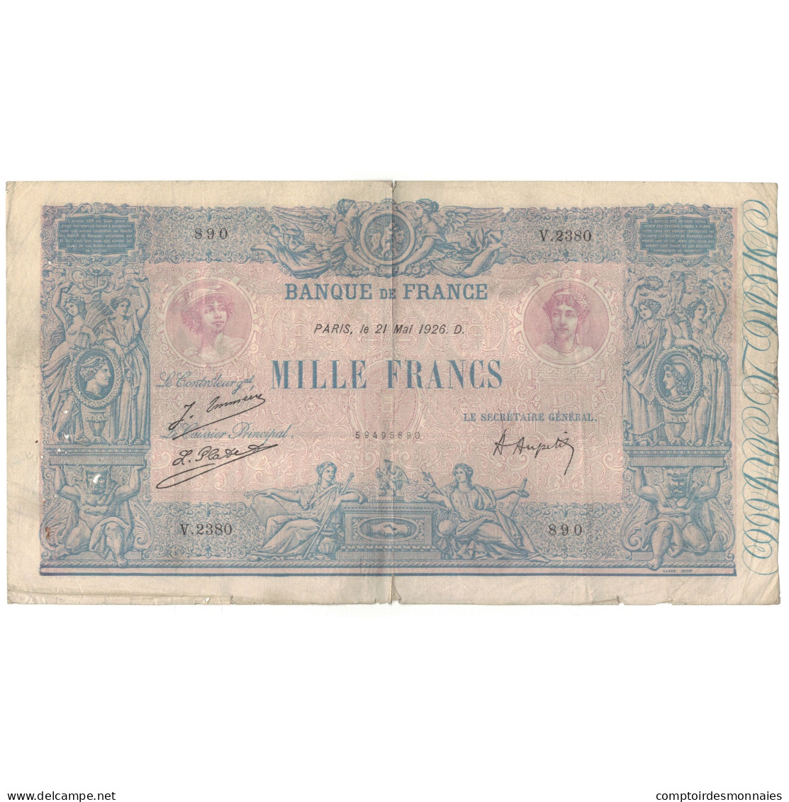 France, 1000 Francs, V.2380, TB, Fayette:36.42, KM:67j - 1 000 F 1889-1926 ''Bleu Et Rose''