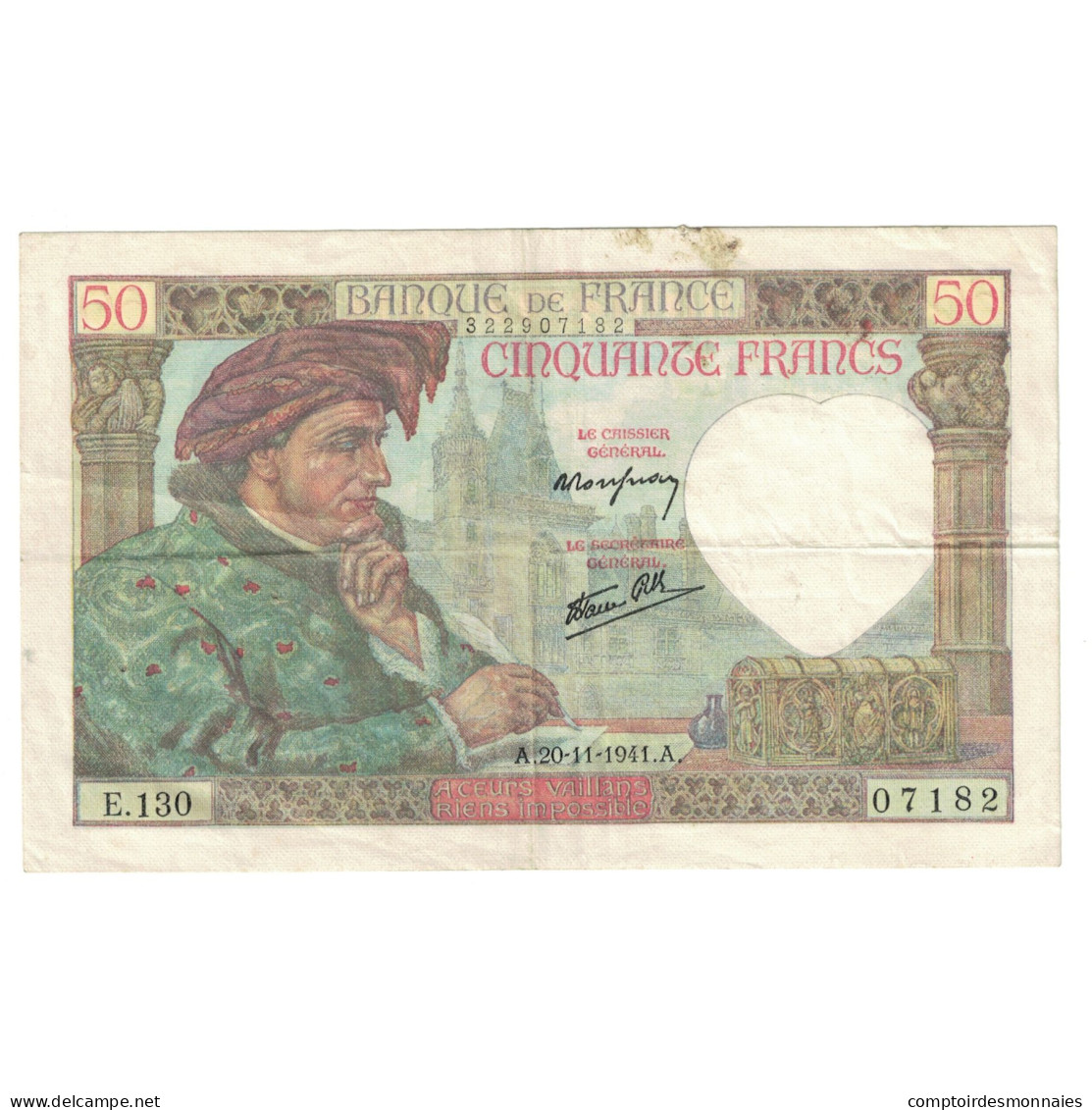 France, 50 Francs, Jacques Coeur, 1941, E.130, TTB, Fayette:19.16, KM:93 - 50 F 1940-1942 ''Jacques Coeur''