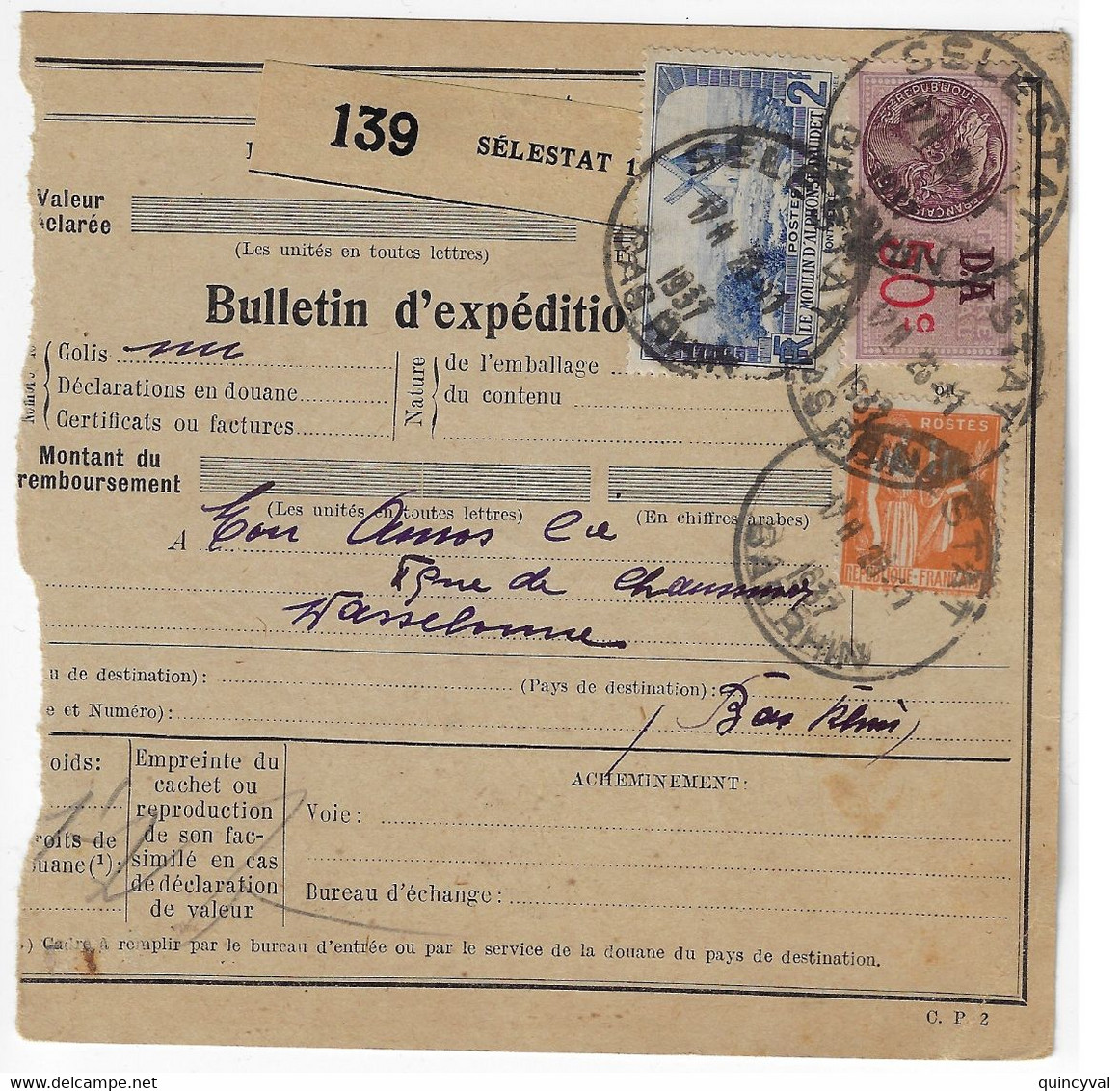 ELESTAT Bulletin Expédition Alsace Lorraine 1937 Daudet Yv 311 Paix 1 F Orange Yv 286  Local < 3kg 3 F Tf 1 5 27 - Storia Postale