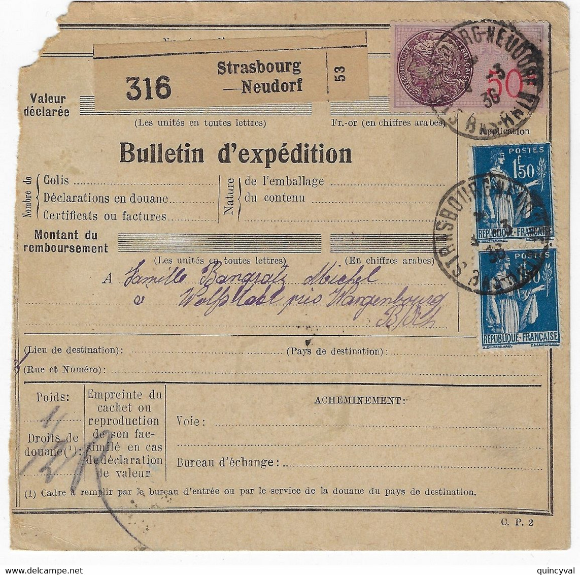 STRASBOURG NEUDORF Bulletin Expédition Alsace Lorraine 4 3 1936 Type Paix 1,50 F Bleu Yv 288  Local < 3kg 3 F Tf 1 5 27 - 1932-39 Paz