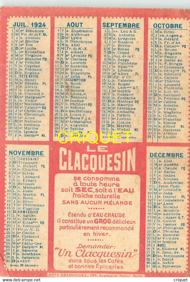 Calendrier Clacquesin 1924 - Petit Format : 1921-40