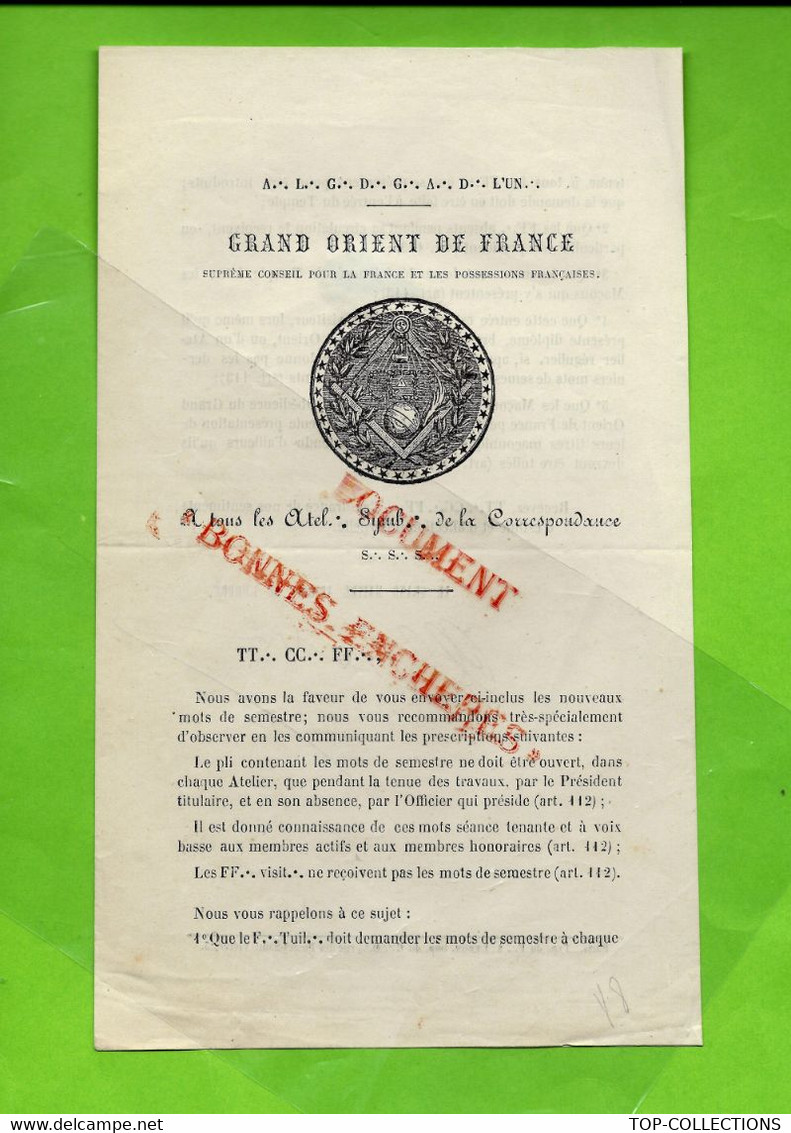 GRAND ORIENT DE FRANCE FRANC MACONNERIE LETTRE PROCEDURE SIGNEE PAR LE GRAND MAITRE ADJOINT DE L'ORDRE SANS DATE T.B.E - Historische Dokumente