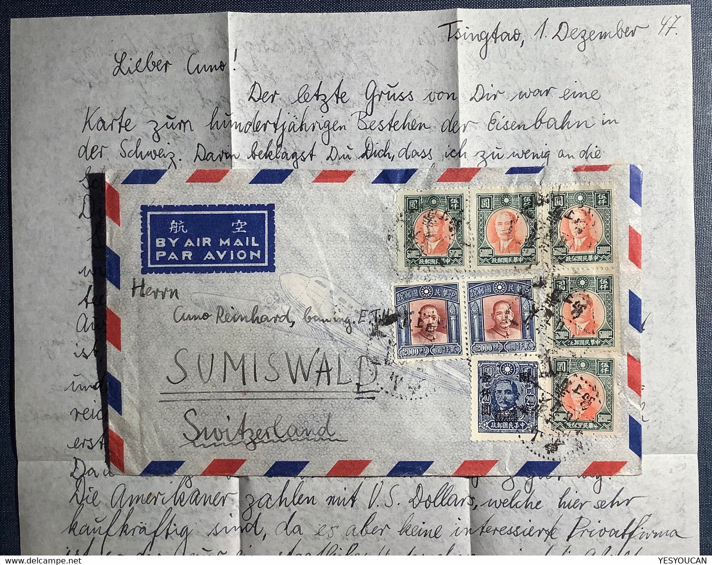 “TSINGTAO 1947”PAR AVION Cover>Sümiswald BE Schweiz(China US NAVY Inflation ETH Engineer Science J.Adorjan Chine Lettre - 1912-1949 Republik