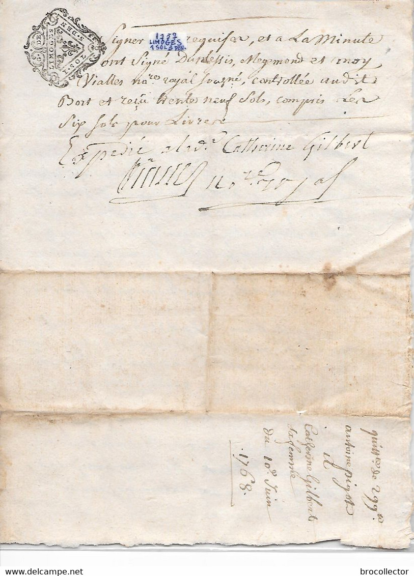 YDES ( 15 ) - Cachet De Généralité De Limoges De 1757 De 1 Sol Et 3 Deniers ( Voir Au Verso ) 2 Feuilles - Cachets Généralité