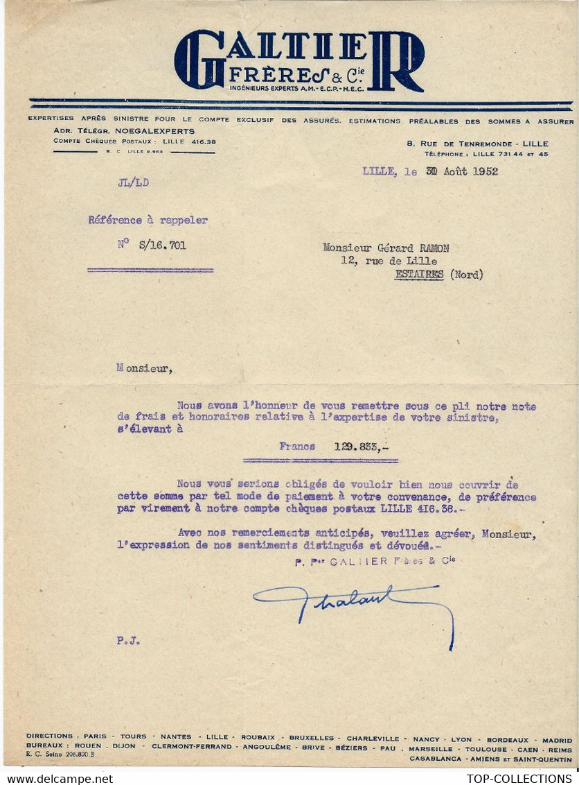 1952 GALTIER FRERES INGENIEURS EXPERTS LILLE Fondateurs De La Fiduciaire De France Expertise Comptable T.B.E V.SCANS - 1950 - ...