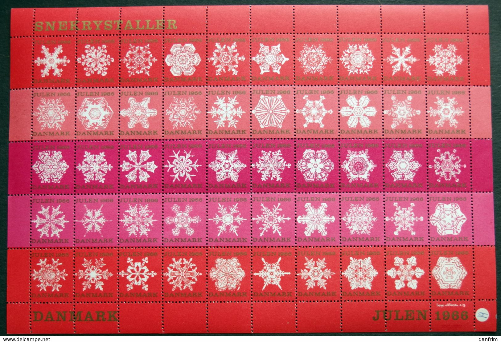 Denmark 1966 Christmas Seal MNH ( **)  Full Sheet Folded Snowflakes / Flocons De Neige - Feuilles Complètes Et Multiples