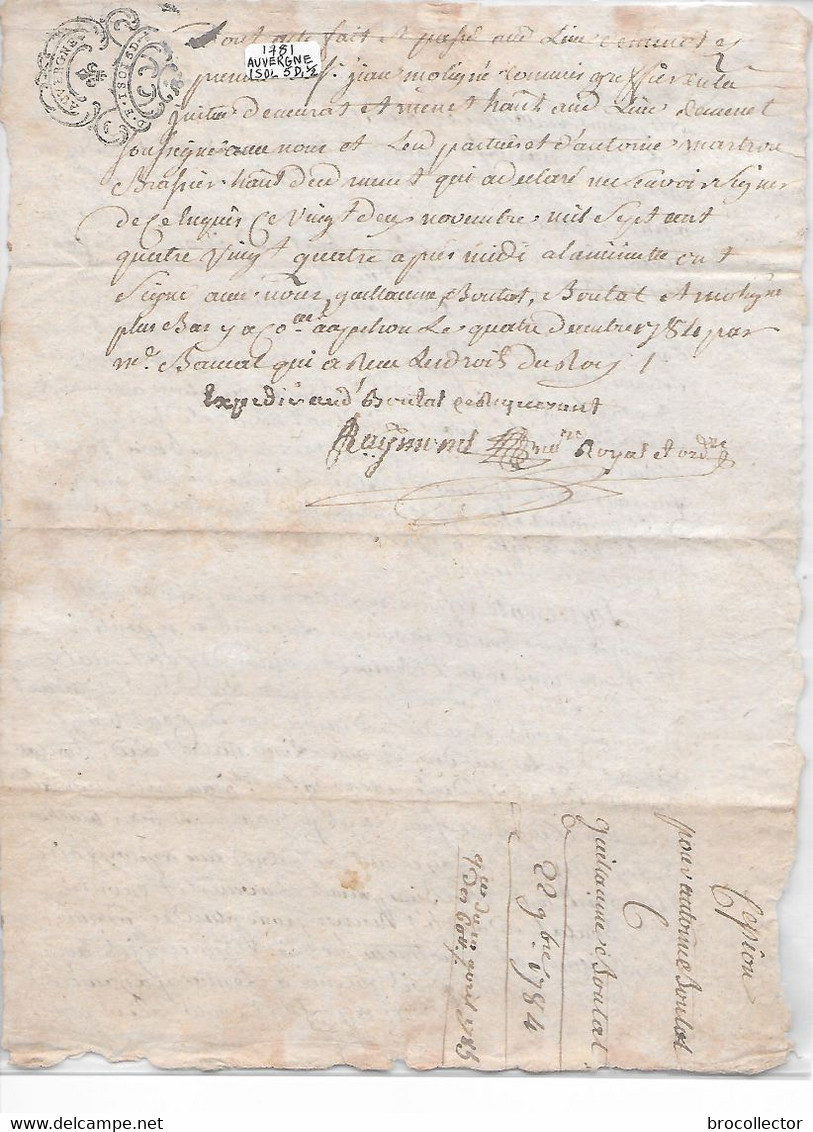 - Cachet De Généralité D'Auvergne De 1781 De 1 Sol Et 5 Deniers ( Voir Au Verso ) 2 Feuilles - Cachets Généralité