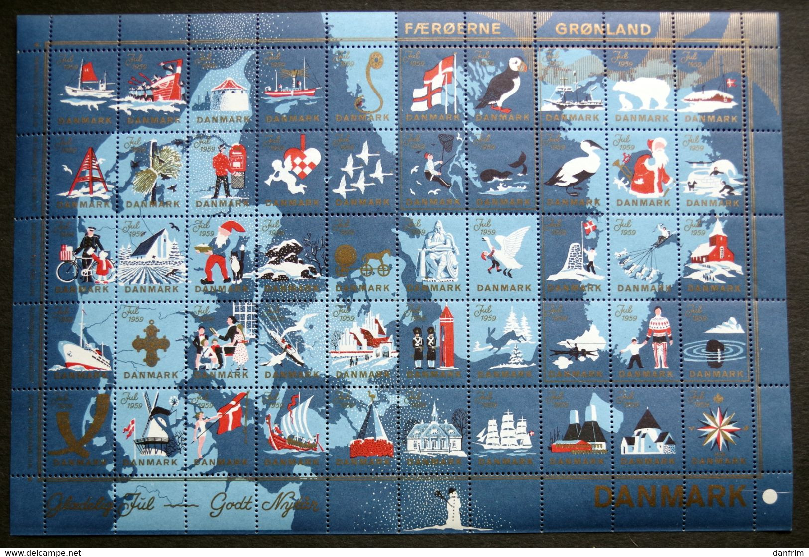 Denmark Christmas Seal 1959 MNH Full Sheet Folded Denmark Map - Feuilles Complètes Et Multiples