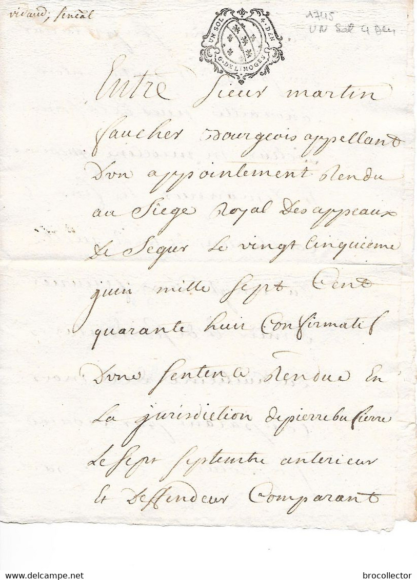 SEGUR ( 19 ) - Les Appeaux - Cachet De Généralité De Limoges De 1745 De 1 Sol Et 4 Deniers  - 2 Feuilles - Cachets Généralité
