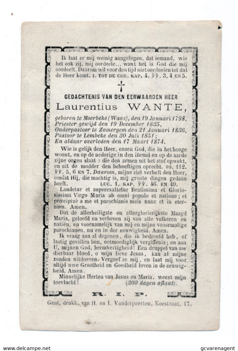 PASTOOR LEMBEKE - LAURENTIUS WANTE - MOERBEKE WAES 1798 -  LEMBEKE 1874 - 2 SCANS - Autres & Non Classés