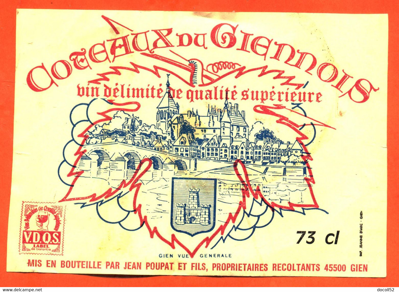 Etiquette De Vin De Coteaux Du Giennois Jean Poupart à Gien - Vue Générale De Gien - 73 Cl - Vin De Pays D'Oc