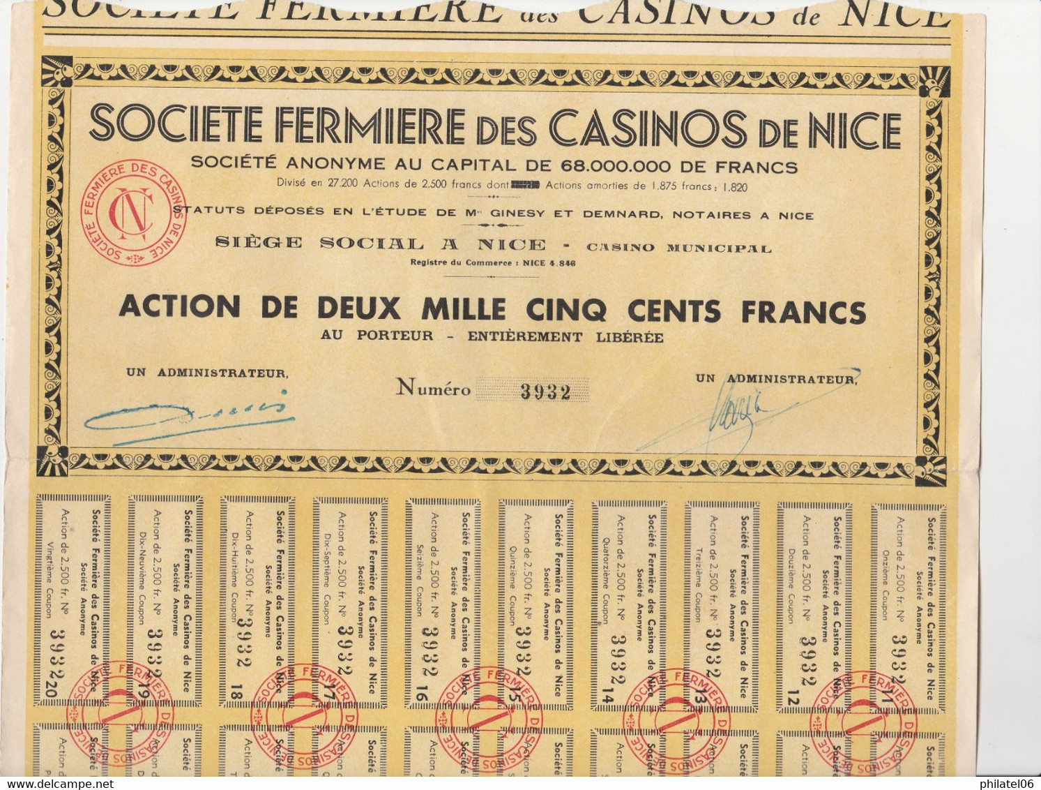 FRANCE ACTION DU  CASINO DE NICE AVEC COUPONS (X2) ET  SOCIETE FERMIERE CASINOS NICE X 2 BON ETAT (4 ACTIONS AU TOTAL) - Casino'