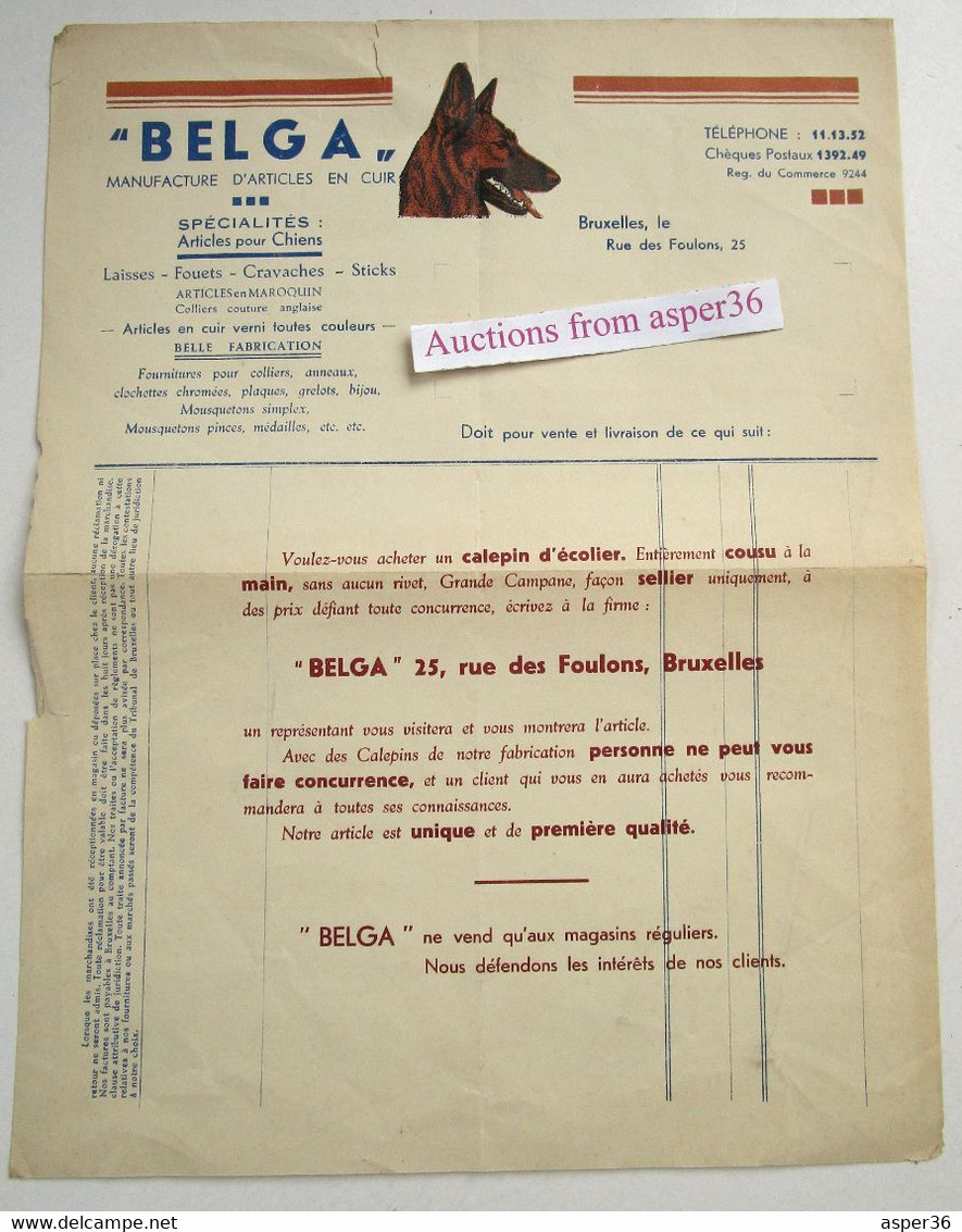 "Belga" Manuf Articles Pour Chiens, Rue Des Foulons, Bruxelles - 1900 – 1949