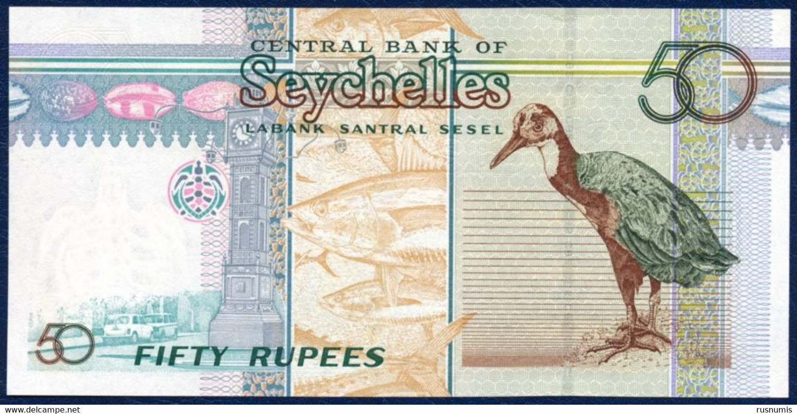 SEYCHELLES 50 RUPEES P-39a ORCHID ANGEL FISH TUNA BIRD CLOCK TOWER 2005 UNC - Seychelles