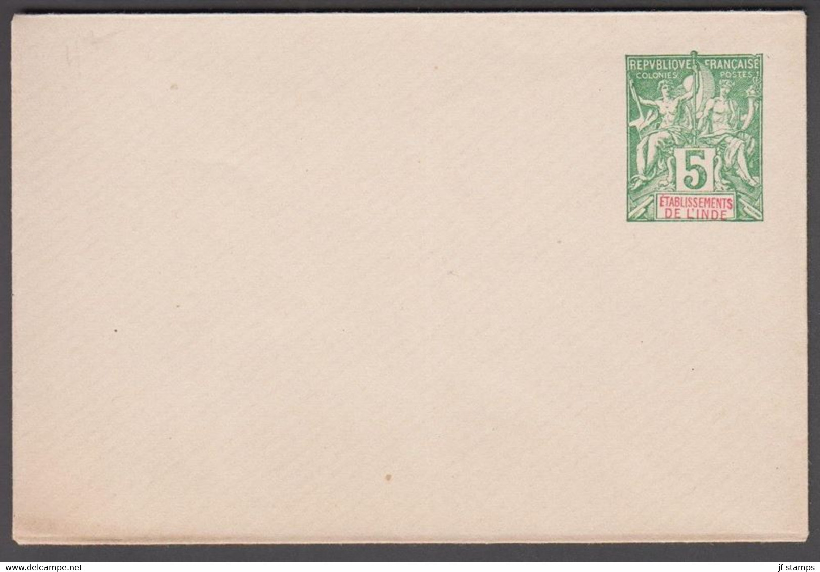 1892. ETABLISSEMENTS DE L'INDE. ENVELOPE.  5 C. Dark Green 107 X 71 Mm.  - JF516856 - Lettres & Documents