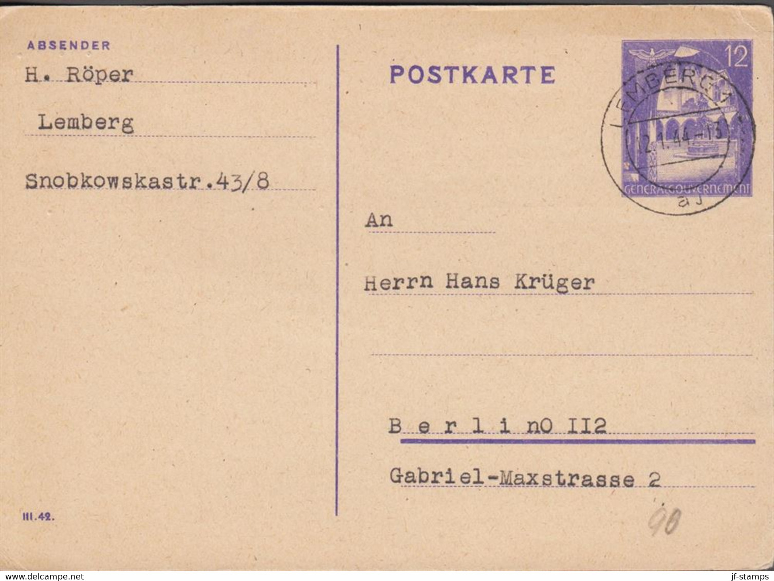 1944. GENERALGOUVENEMENT. 12 Gr. POSTKARTE (Print III.42) Cancelled LEMBERG 12.1.44. (Michel P 12/02) - JF516866 - Besetzungen 1938-45