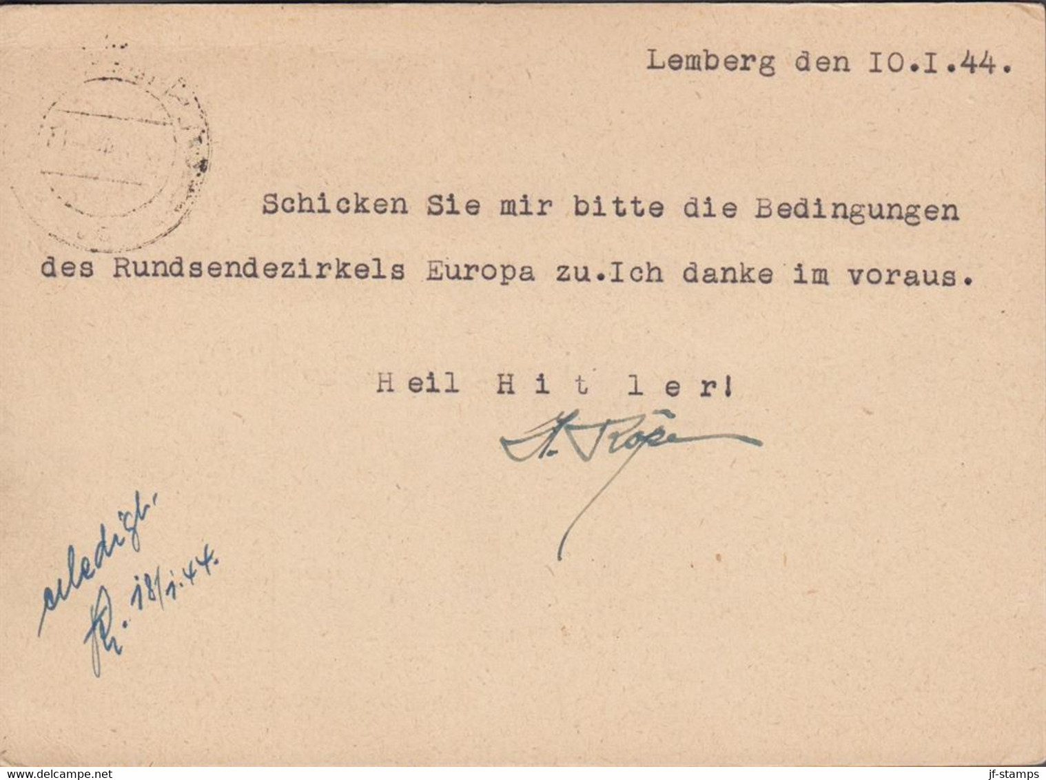 1944. GENERALGOUVENEMENT. 12 Gr. POSTKARTE (Print III.42) Cancelled LEMBERG 12.1.44. (Michel P 12/02) - JF516866 - Besetzungen 1938-45