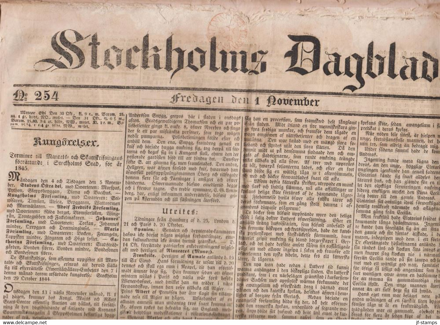1844. SVERIGE. TIDNING - Cancel In Brown Red On Stockholms Dagblad No 254, Fredagen Den 1. November 1844. ... - JF516917 - ... - 1855 Prephilately