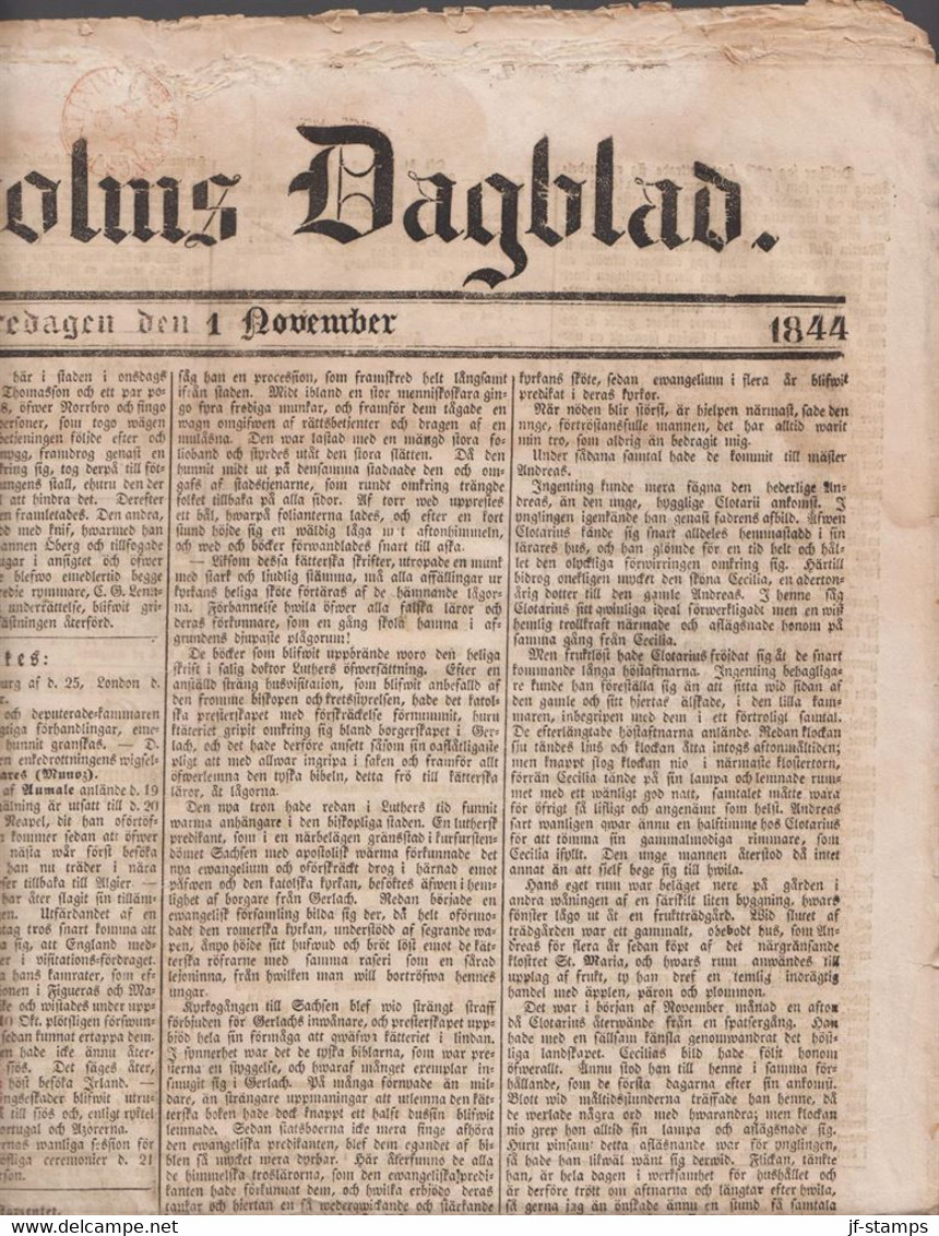 1844. SVERIGE. TIDNING - Cancel In Brown Red On Stockholms Dagblad No 254, Fredagen Den 1. November 1844. ... - JF516917 - ... - 1855 Vorphilatelie