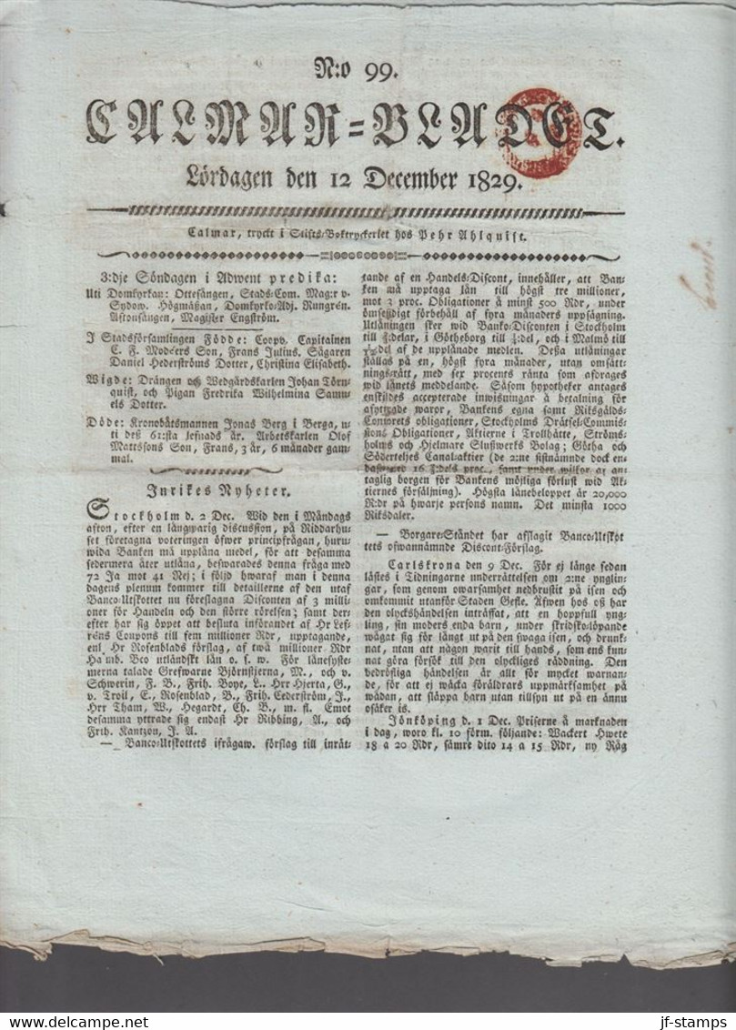 1829. SVERIGE. TIDNING - Cancel In Brown Red On Calmar- Bladet Lördagen Den 12 December 1829. Interesting ... - JF516920 - ... - 1855 Prephilately