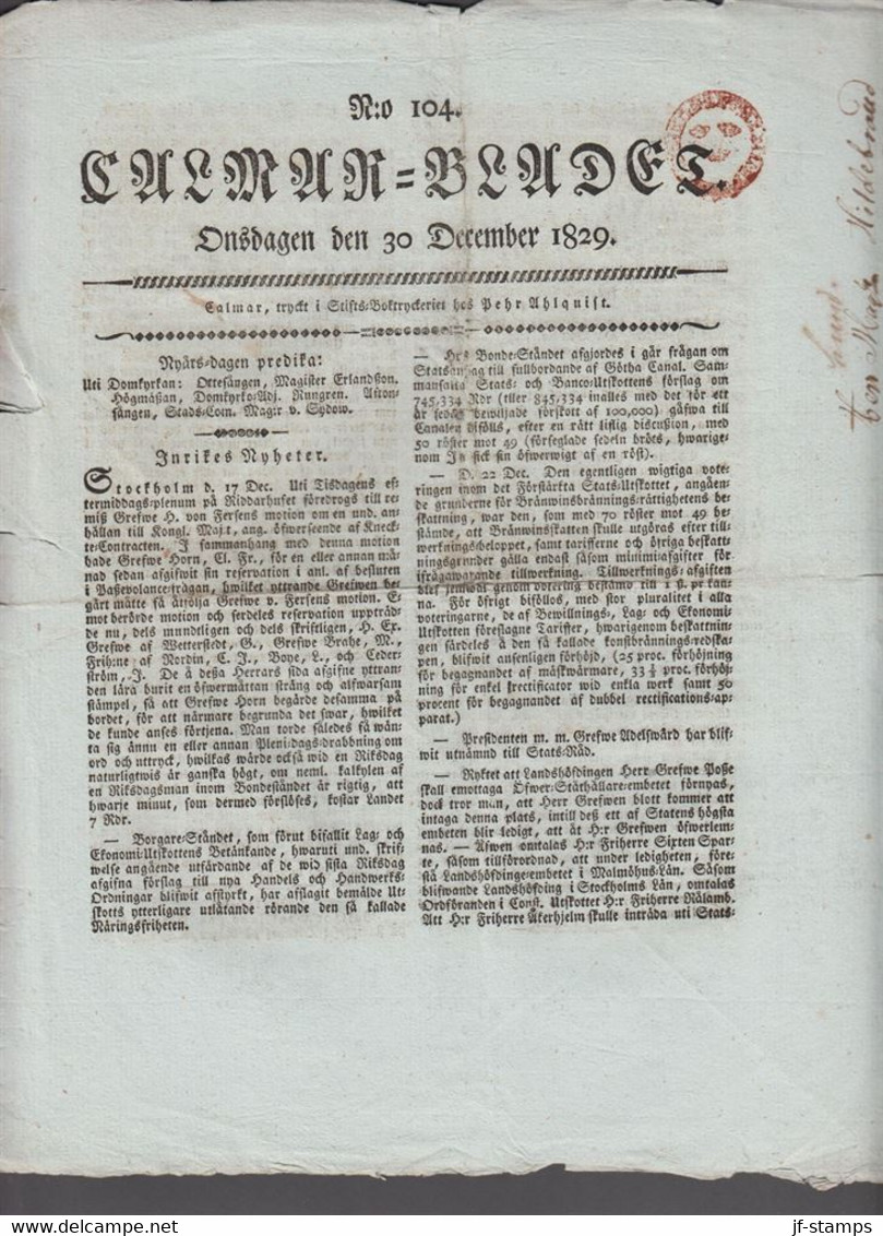 1829. SVERIGE. TIDNING - Cancel In Brown Red On Calmar- Bladet Onsdagen Den 30 December 1829. Interesting ... - JF516924 - ... - 1855 Voorfilatelie