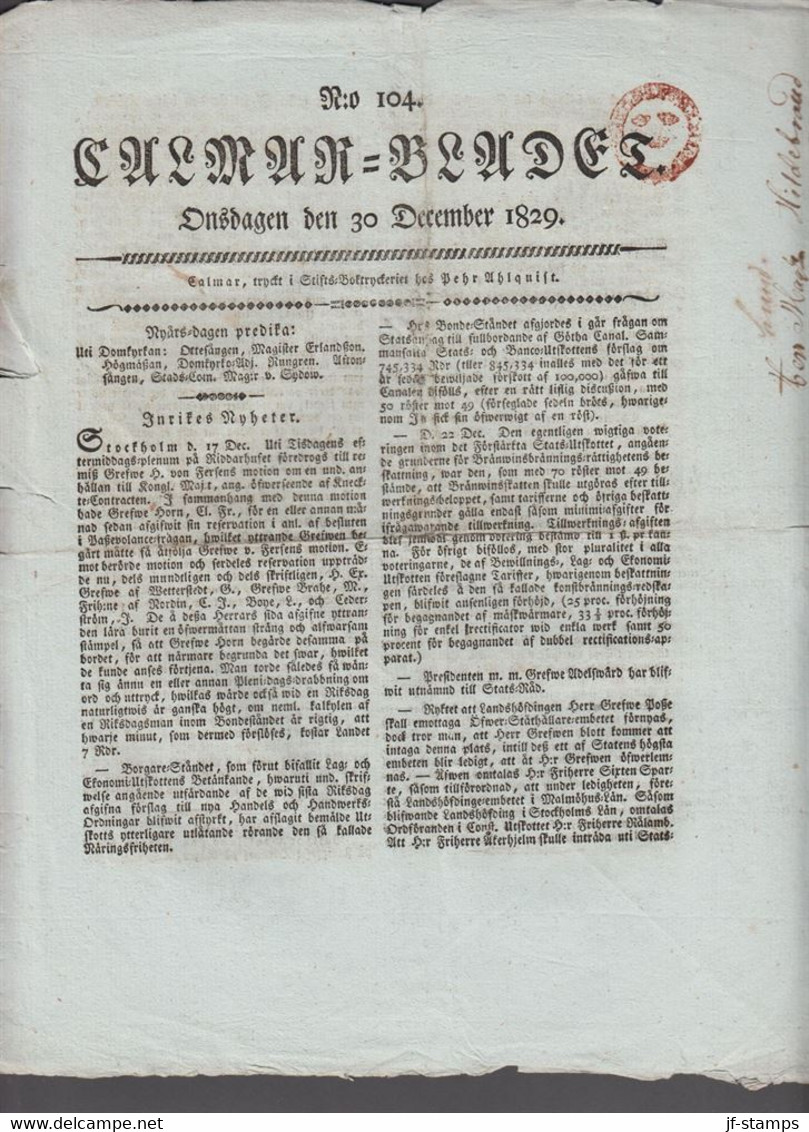 1829. SVERIGE. TIDNING - Cancel In Brown Red On Calmar- Bladet Onsdagen Den 30 December 1829. Interesting ... - JF516924 - Prefilatelia