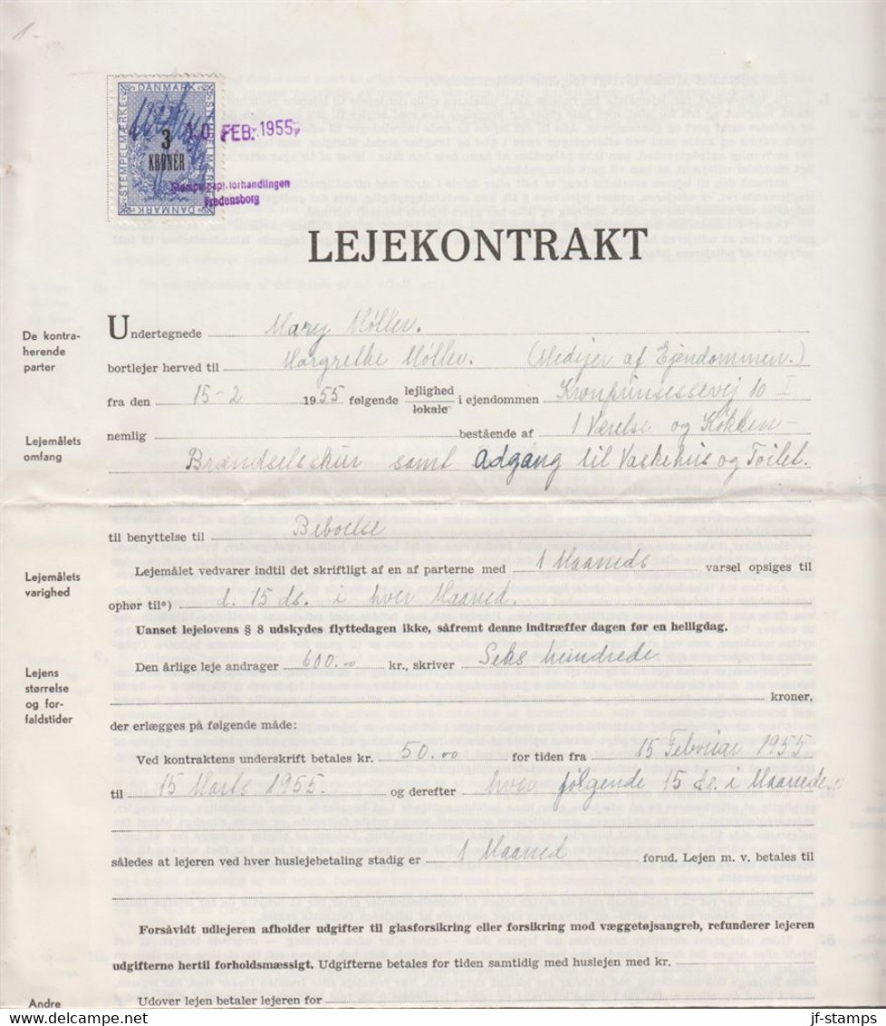 1955. DANMARK. LEJEKONTRAKT Med 3 KRONER STEMPELMÆRKE Cancelled 10 FEB 1955 + Stempelpapirforhandlingen Fr... - JF516932 - Fiscaux